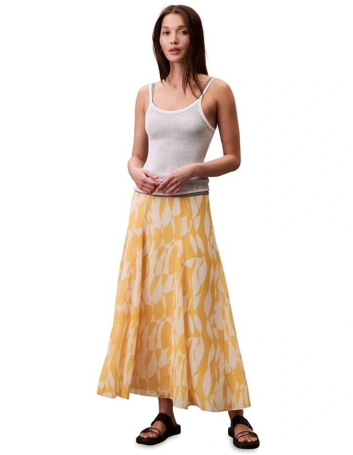 Printed Chiffon Godet Midi Skirt in Yellow image 4