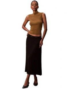 Pleated Crepe Midi Skirt in Black