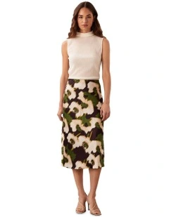Printed Satin Midi Slip Skirt in Multi