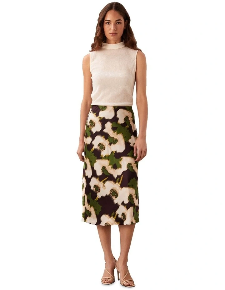 Printed Satin Midi Slip Skirt in Multi image 1