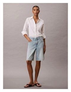 Denim Logo Tape Relaxed Bermuda Shorts in Fresh Water