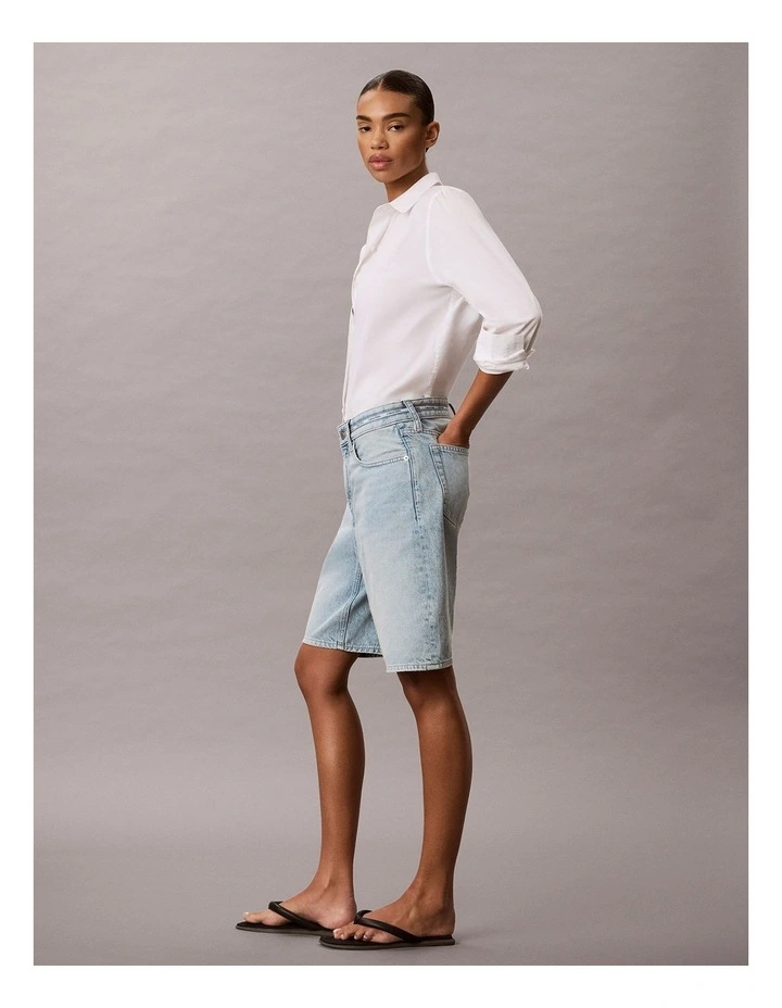 Denim Logo Tape Relaxed Bermuda Shorts in Fresh Water image 3