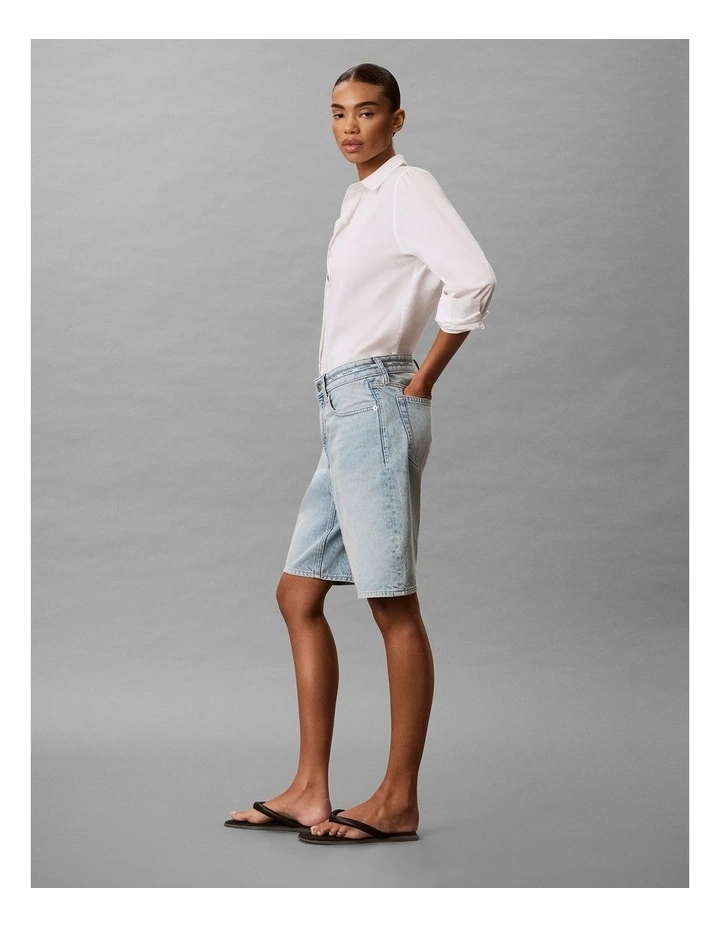 Denim Logo Tape Relaxed Bermuda Shorts in Fresh Water image 3