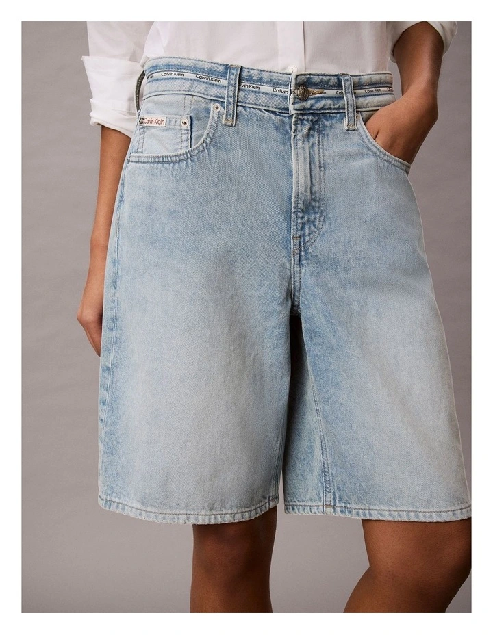 Denim Logo Tape Relaxed Bermuda Shorts in Fresh Water image 4