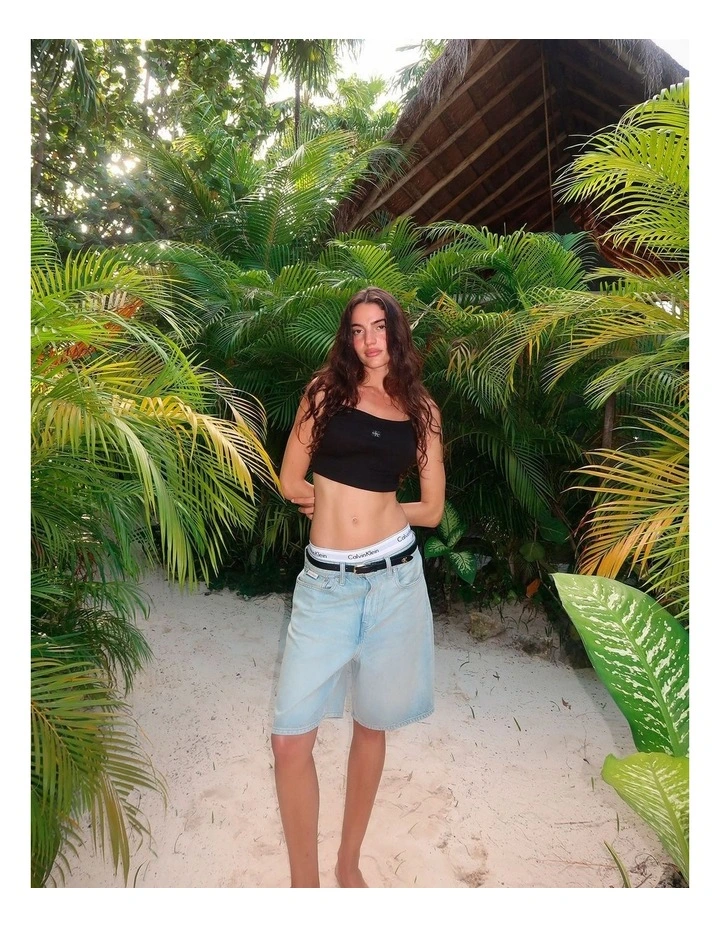 Denim Logo Tape Relaxed Bermuda Shorts in Fresh Water image 6