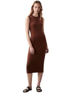 Cotton Contour Rib Monogram Logo Midi Dress in Brown