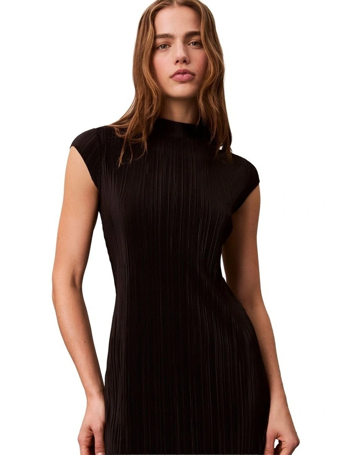 Plisse Midi Dress in Black image 4