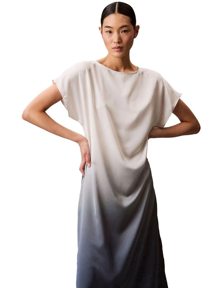 Printed Satin Relaxed Dress in White image 3