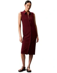 Sleeveless Crepe Jersey Midi Polo Dress in Red