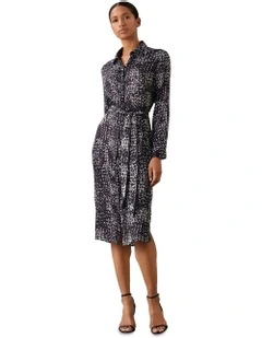 Printed Textured Satin Long Sleeve Shirt Dress in Blue