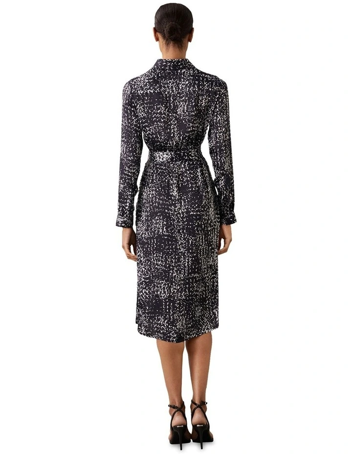 Printed Textured Satin Long Sleeve Shirt Dress in Blue image 2