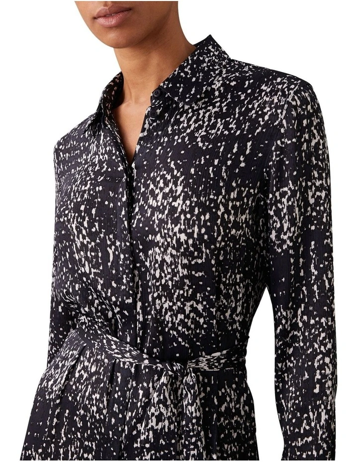Printed Textured Satin Long Sleeve Shirt Dress in Blue image 3