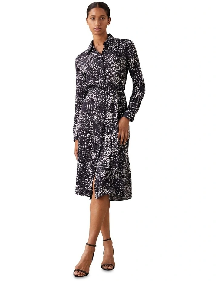 Printed Textured Satin Long Sleeve Shirt Dress in Blue image 4