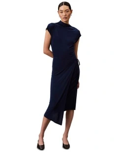 Short Sleeve Close To Body Wrap Midi Dress in Blue