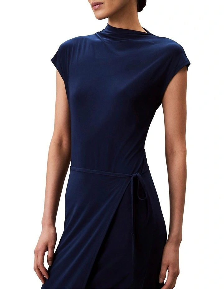 Short Sleeve Close To Body Wrap Midi Dress in Blue image 5