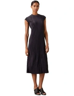 Plisse Midi Dress in Black