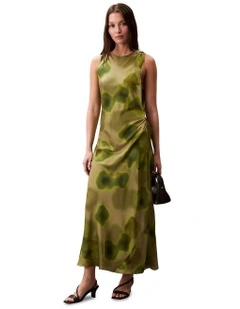 Printed Satin Mock Neck Dress in Green