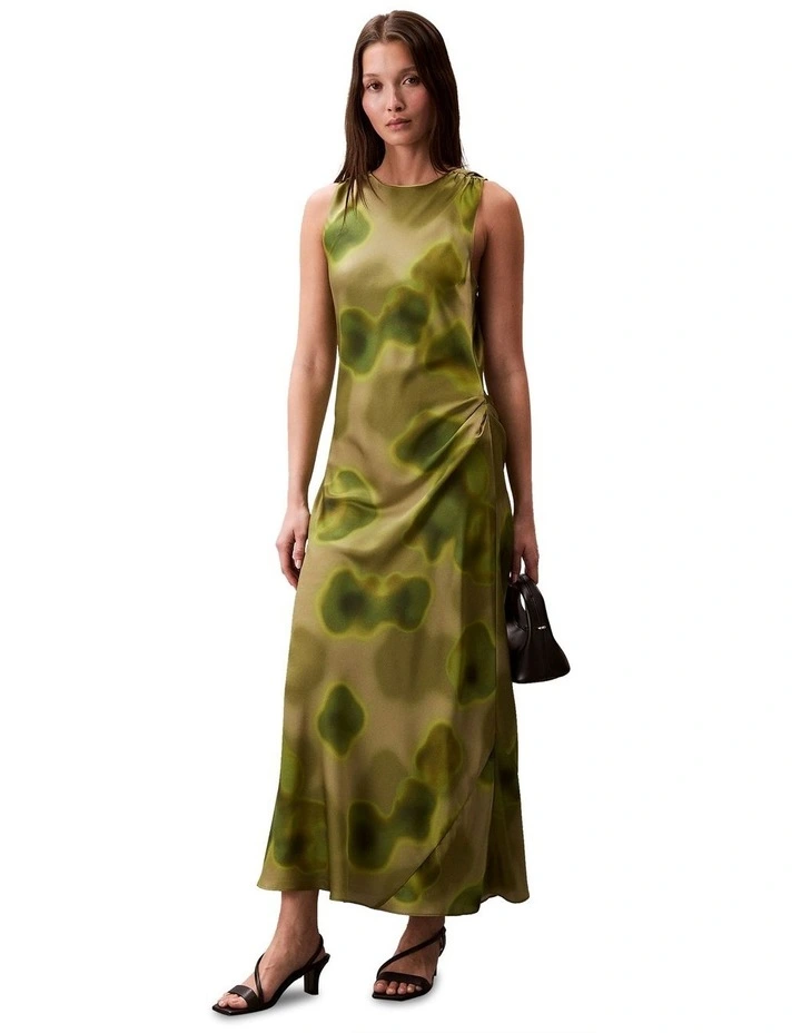 Printed Satin Mock Neck Dress in Green image 1
