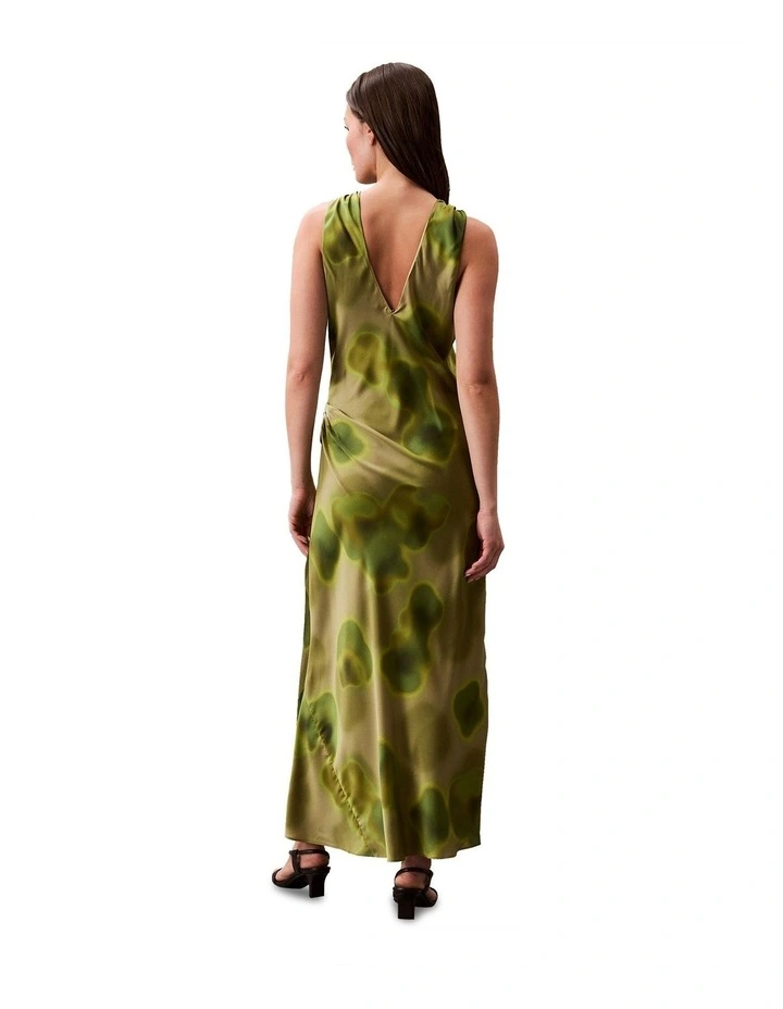 Printed Satin Mock Neck Dress in Green image 2