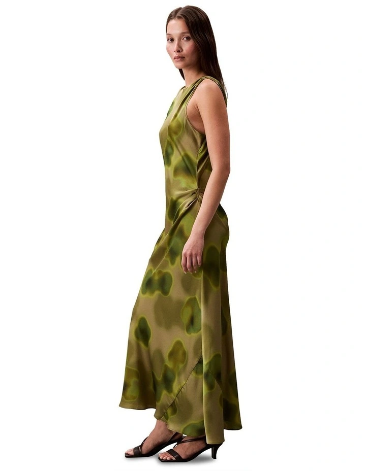 Printed Satin Mock Neck Dress in Green image 3