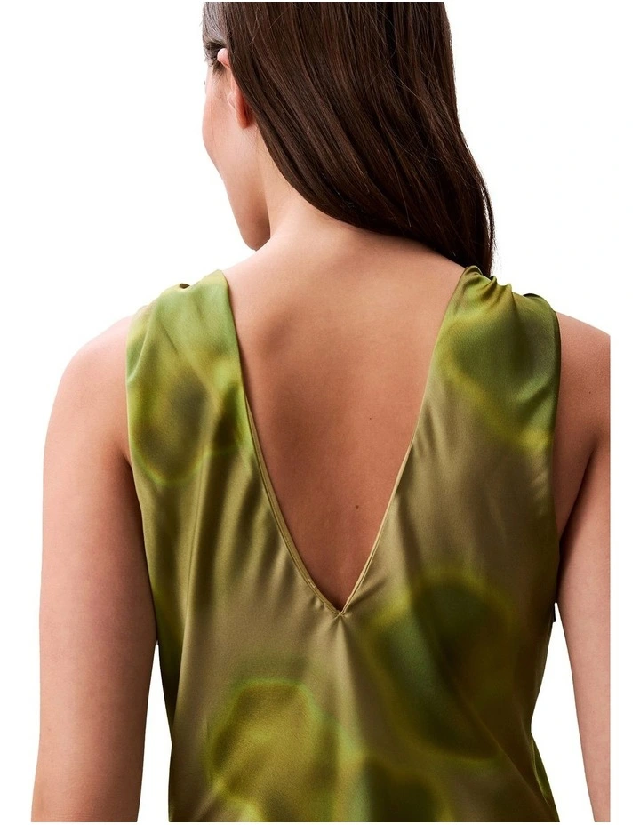 Printed Satin Mock Neck Dress in Green image 4
