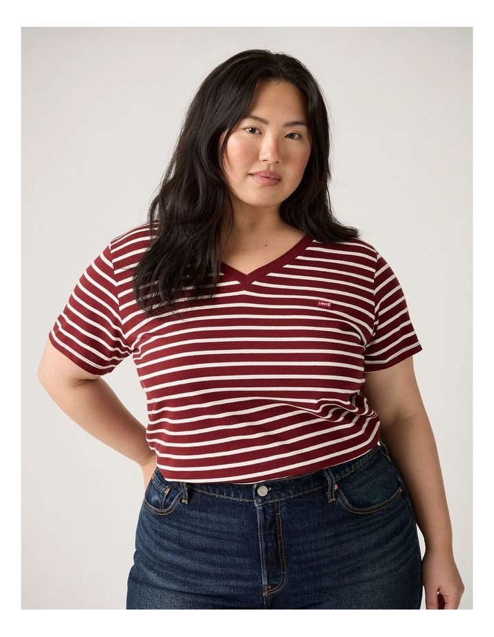 PL Perfect V neck Tee in Emily Stripe Warm Cabernet image 1