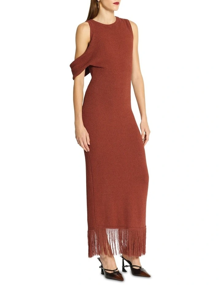 Vega Fringe Trim Knit Dress in Brown image 3