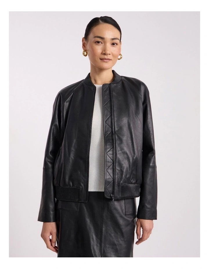 Ellen Leather Bomber Jacket in Black image 2