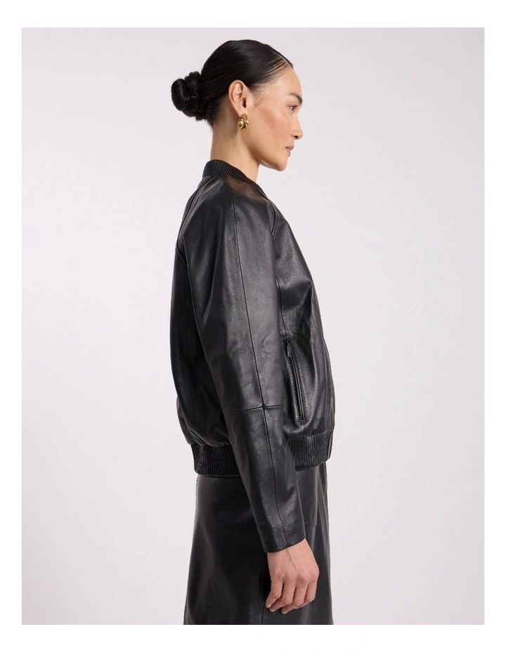 Ellen Leather Bomber Jacket in Black image 3