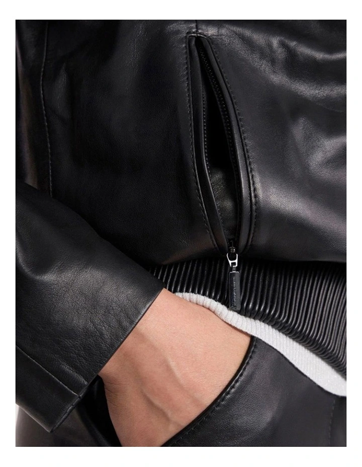 Ellen Leather Bomber Jacket in Black image 4