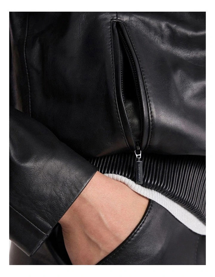 Ellen Leather Bomber Jacket in Black image 5
