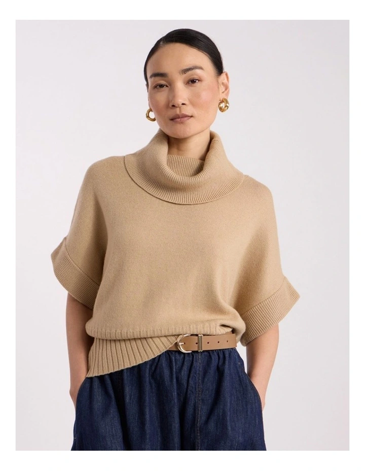 Roll Neck Gilet in Camel image 2