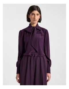 Marlow Pussy Bow Silk Blouse in Eggplant