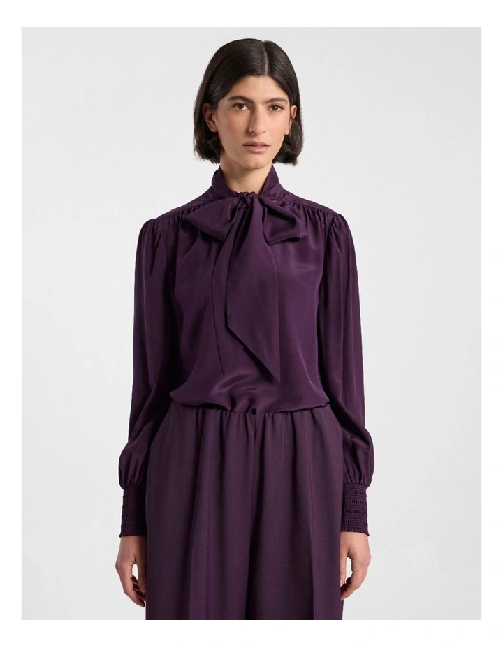 Marlow Pussy Bow Silk Blouse in Eggplant image 1