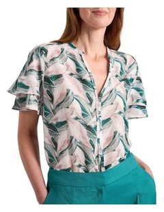 Cyrus Flutter Sleeve Blouse in Green Multi