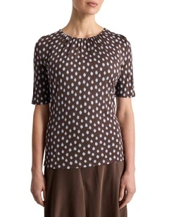 Maika Pleat Front Jersey Top in Brown Multi