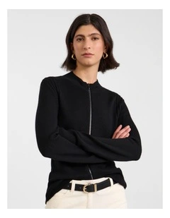 Zip Thru Merino Cardi in Black