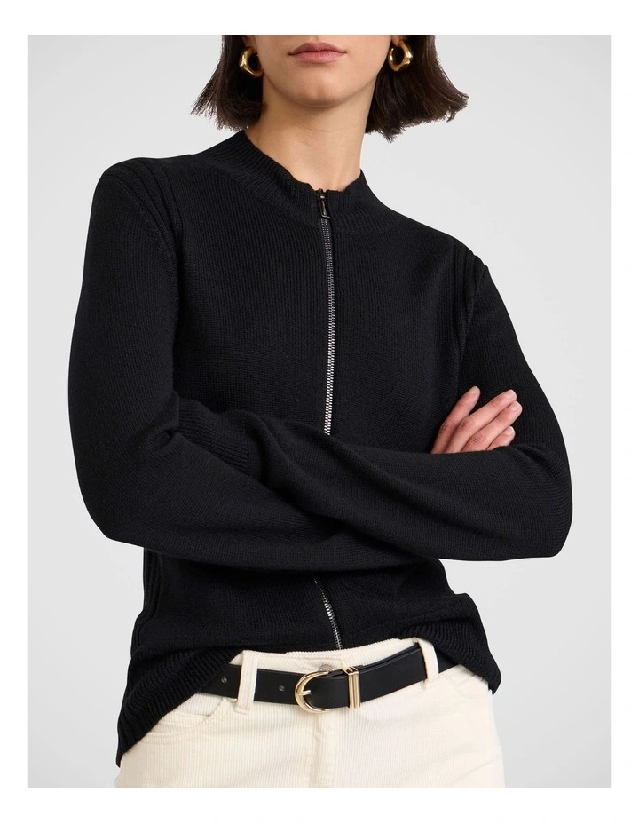 Zip Thru Merino Cardi in Black image 1