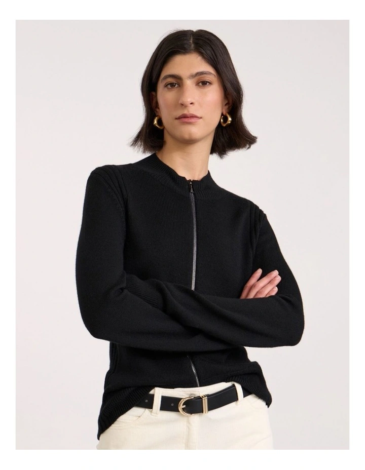 Zip Thru Merino Cardi in Black image 2