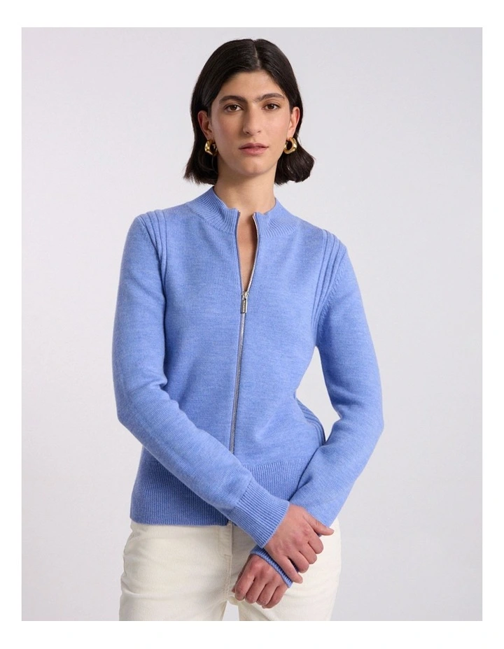 Zip Thru Merino Cardi in Periwinkle Melange image 2