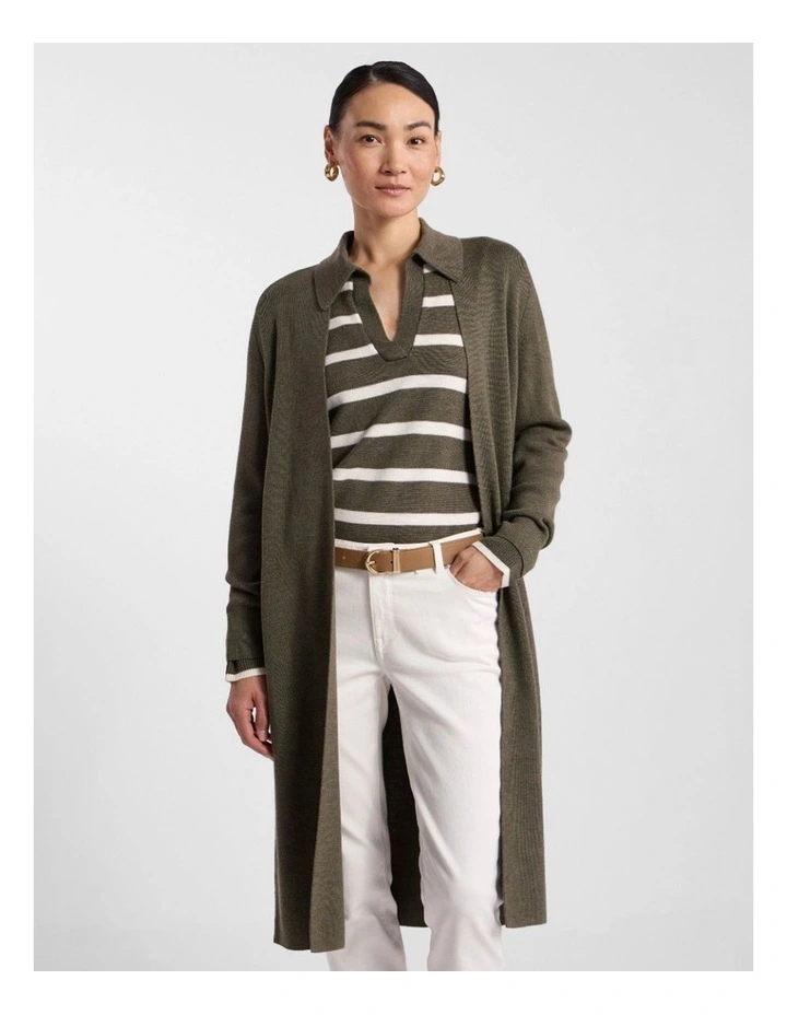 Valence Merino Longline Cardi in Olio Green image 1