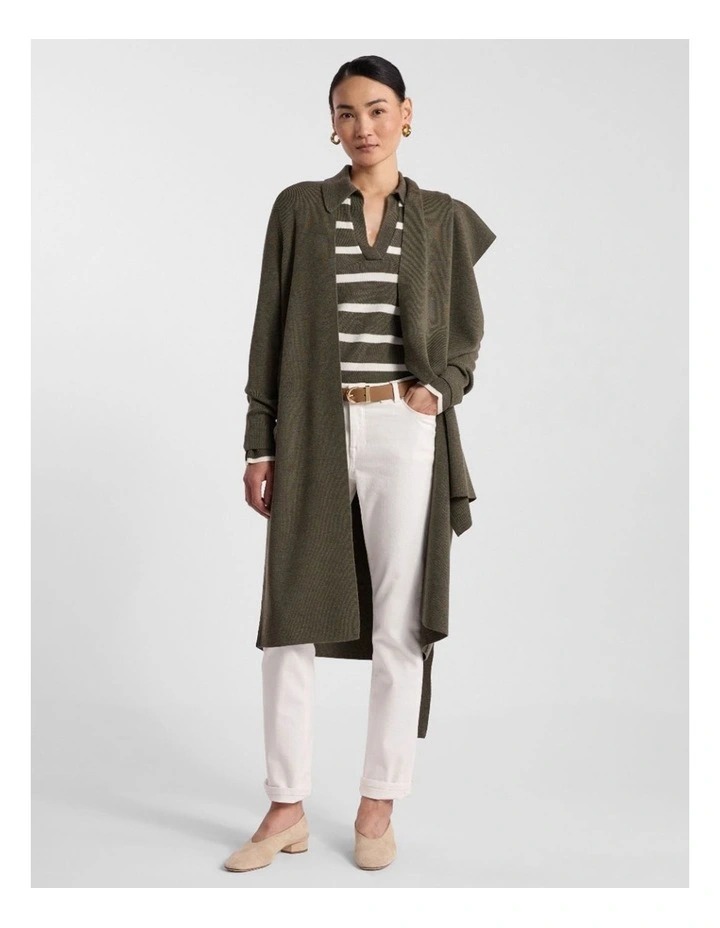 Valence Merino Longline Cardi in Olio Green image 2