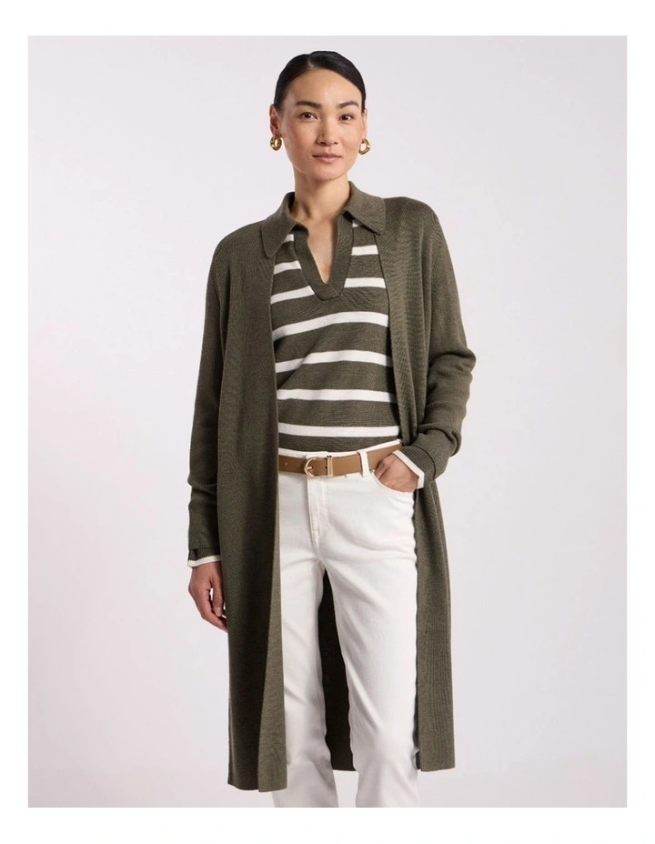 Valence Merino Longline Cardi in Olio Green image 2