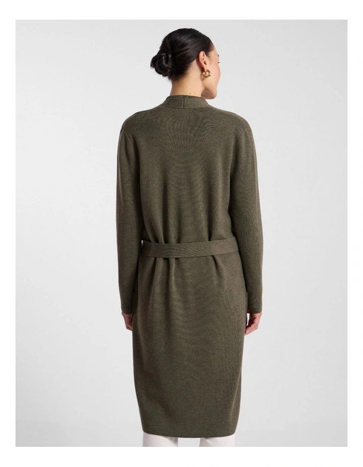 Valence Merino Longline Cardi in Olio Green image 3