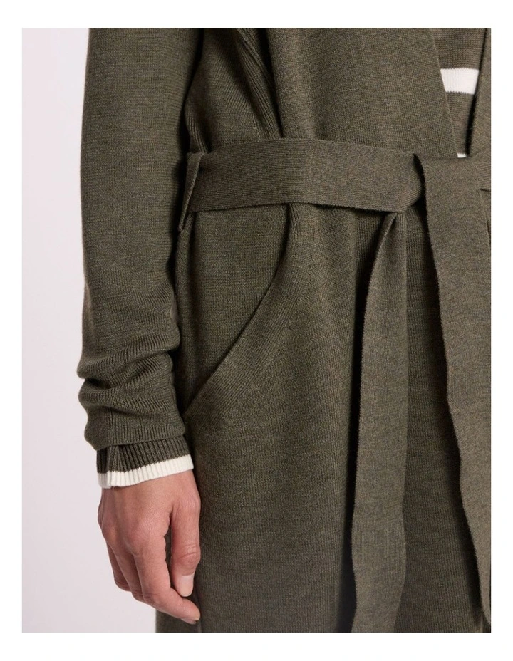Valence Merino Longline Cardi in Olio Green image 3