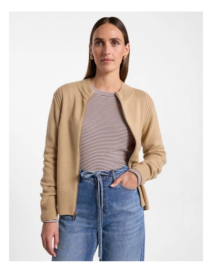 Zip Thru Merino Cardi in Camel image 1