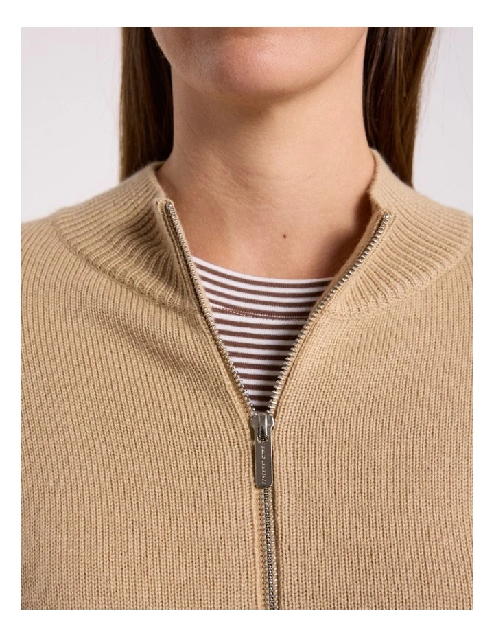 Zip Thru Merino Cardi in Camel image 2