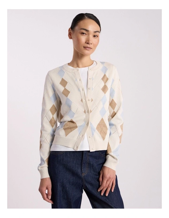 Huntley Cotton Argyle Cardigan in Ivory Multi image 2