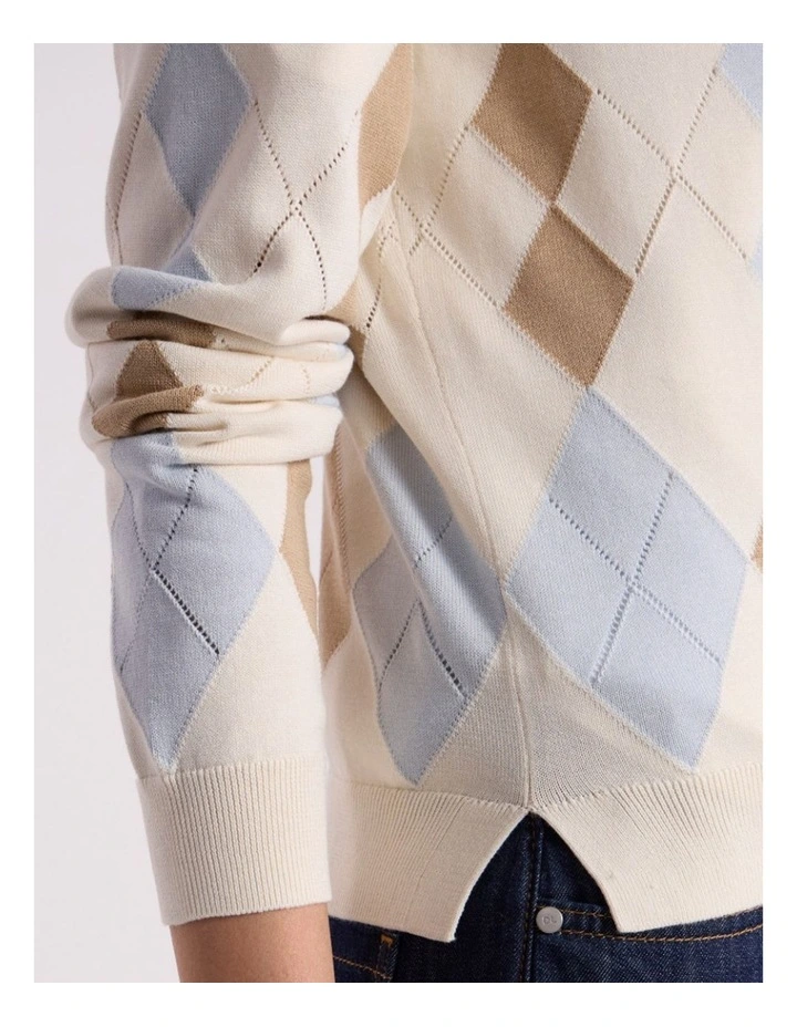 Huntley Cotton Argyle Cardigan in Ivory Multi image 3