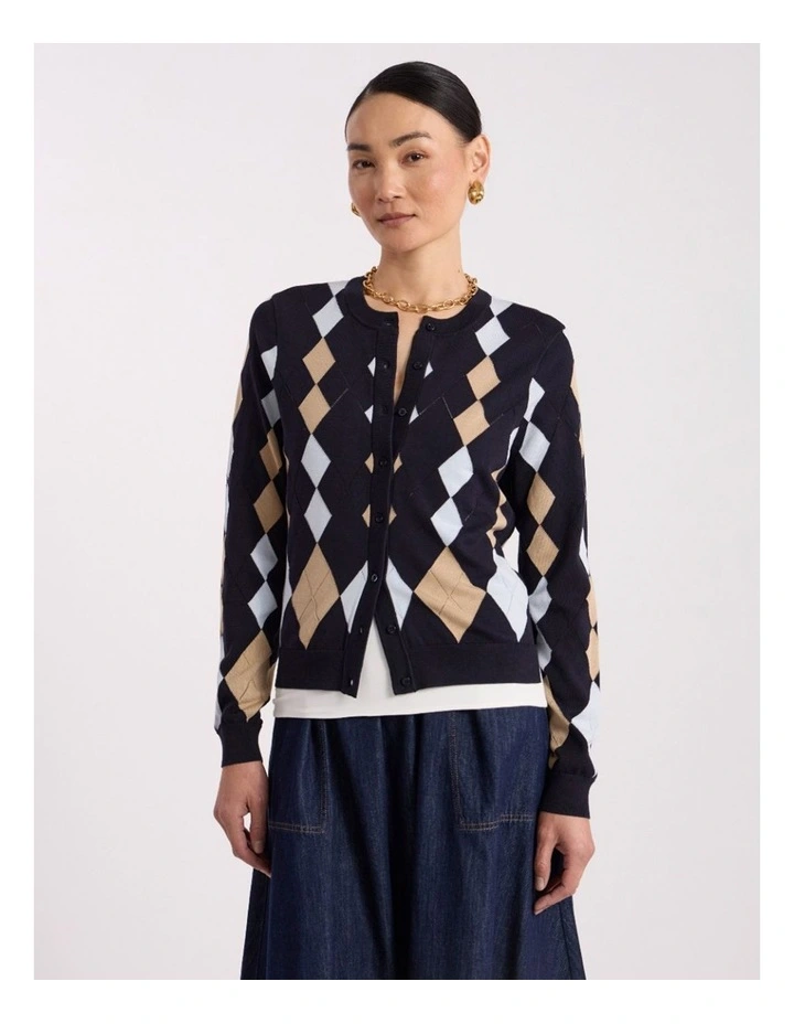 Huntley Cotton Argyle Cardigan in Navy Multi image 2